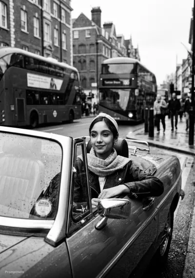زن جذابی با کت چرمی و روسری، نشسته در داخل ماشین تبدیل کلاسیک در خیابان‌های لندن