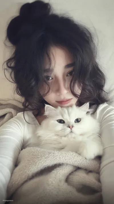 تصویری از دختری با موهای شلخته و چتری، گربه‌ای ایرانی در آغوش، با حس رویایی و فیلتر گرم ژاپنی